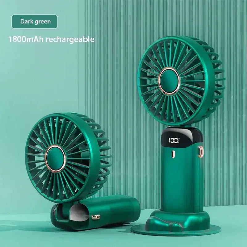 1800mAh Handheld Mini Fan Foldable Portable Neck Hanging Fans 5 Speed USB Rechargeable Fan with Phone Stand and Display Screen
