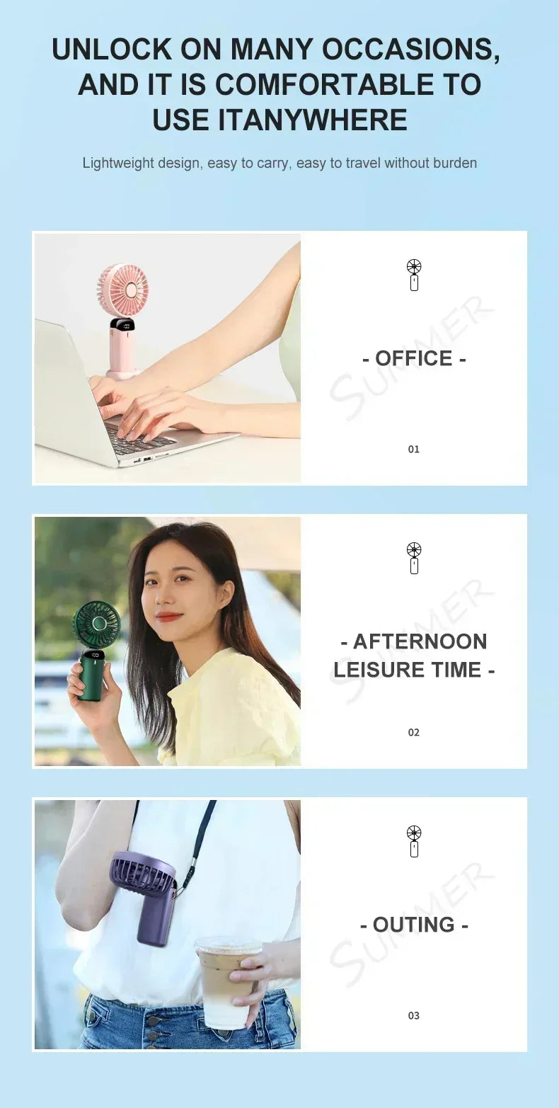 1800mAh Handheld Mini Fan Foldable Portable Neck Hanging Fans 5 Speed USB Rechargeable Fan with Phone Stand and Display Screen