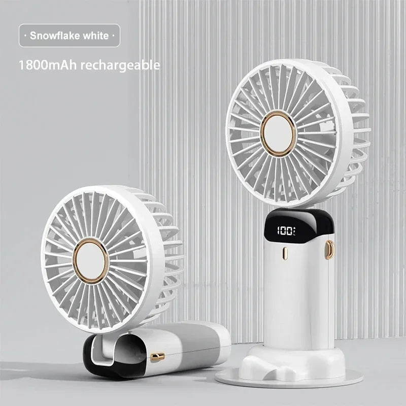 1800mAh Handheld Mini Fan Foldable Portable Neck Hanging Fans 5 Speed USB Rechargeable Fan with Phone Stand and Display Screen