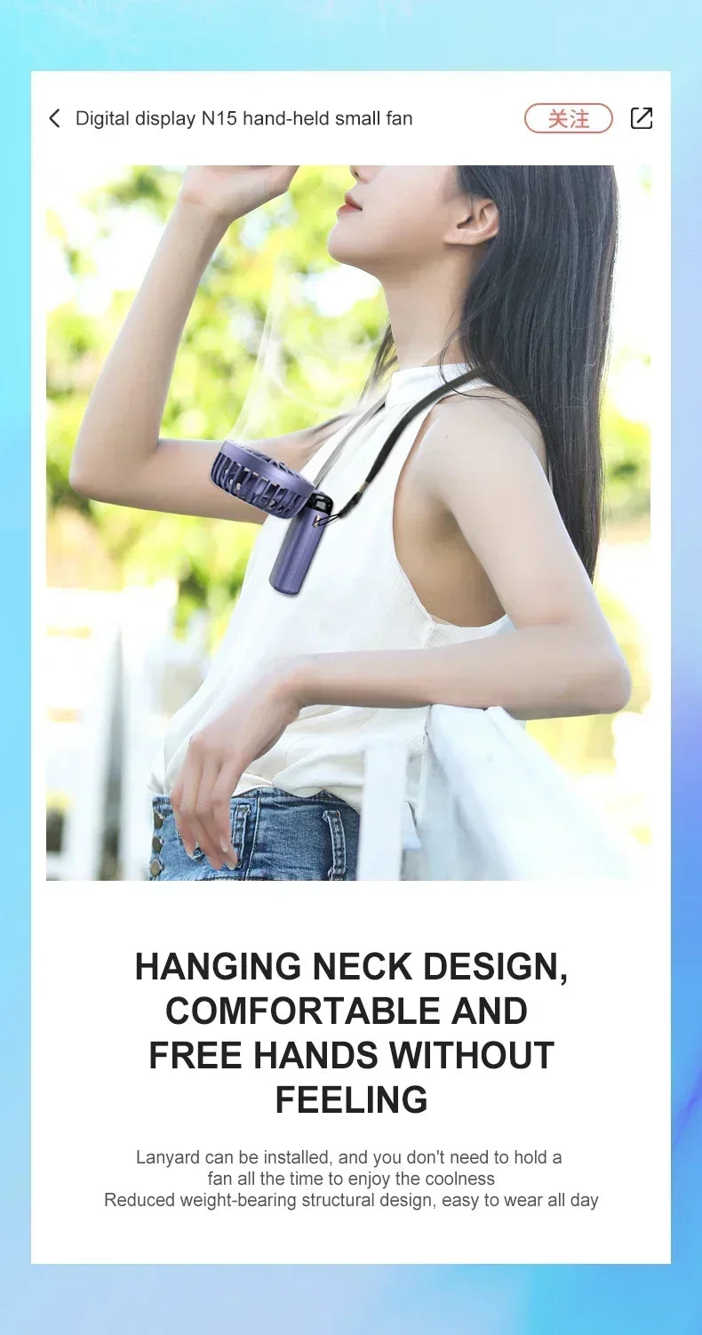 1800mAh Handheld Mini Fan Foldable Portable Neck Hanging Fans 5 Speed USB Rechargeable Fan with Phone Stand and Display Screen
