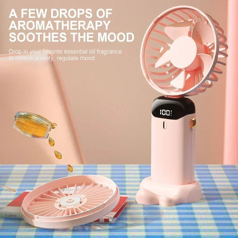 1800mAh Handheld Mini Fan Foldable Portable Neck Hanging Fans 5 Speed USB Rechargeable Fan with Phone Stand and Display Screen