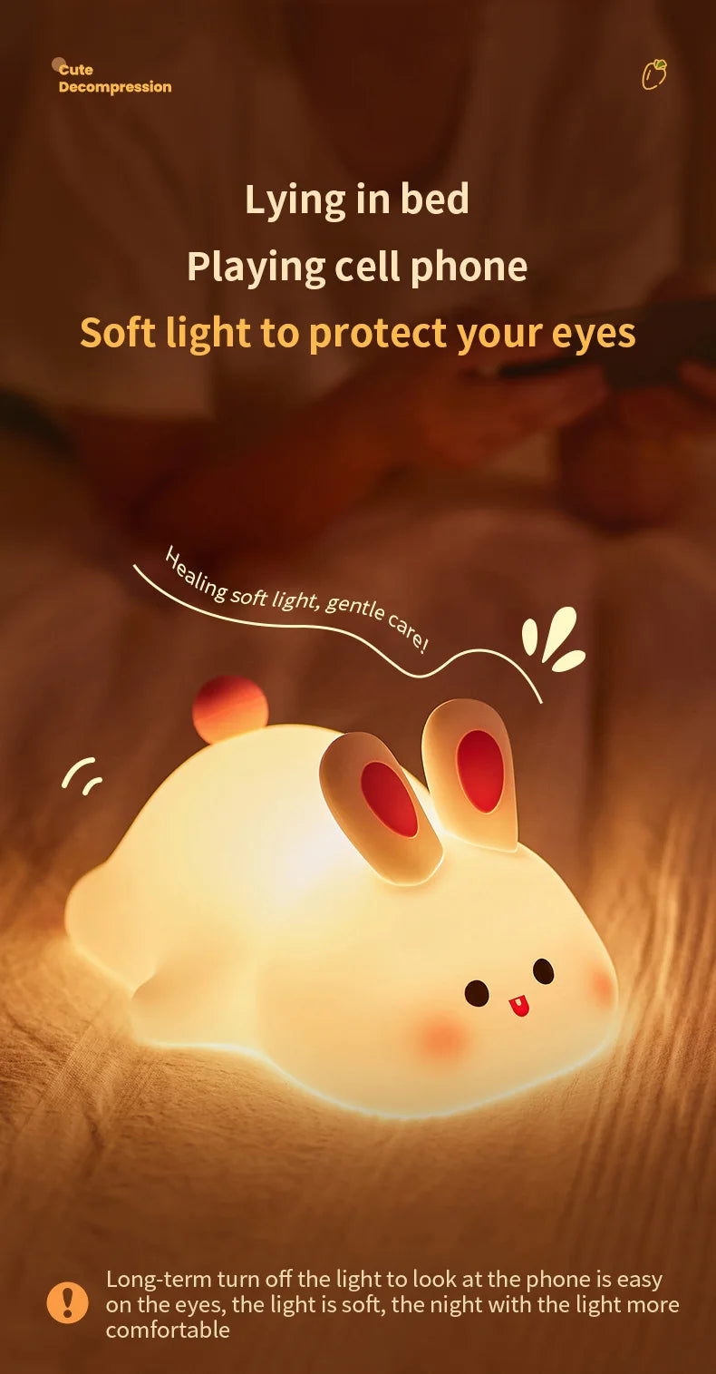 Cute Rabbit-Shaped Silicone Night Light – USB Rechargeable LED Lamp