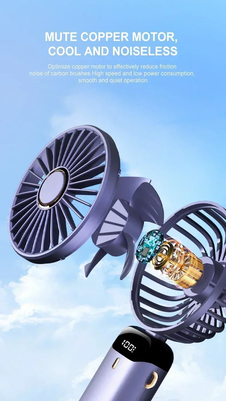 1800mAh Handheld Mini Fan Foldable Portable Neck Hanging Fans 5 Speed USB Rechargeable Fan with Phone Stand and Display Screen