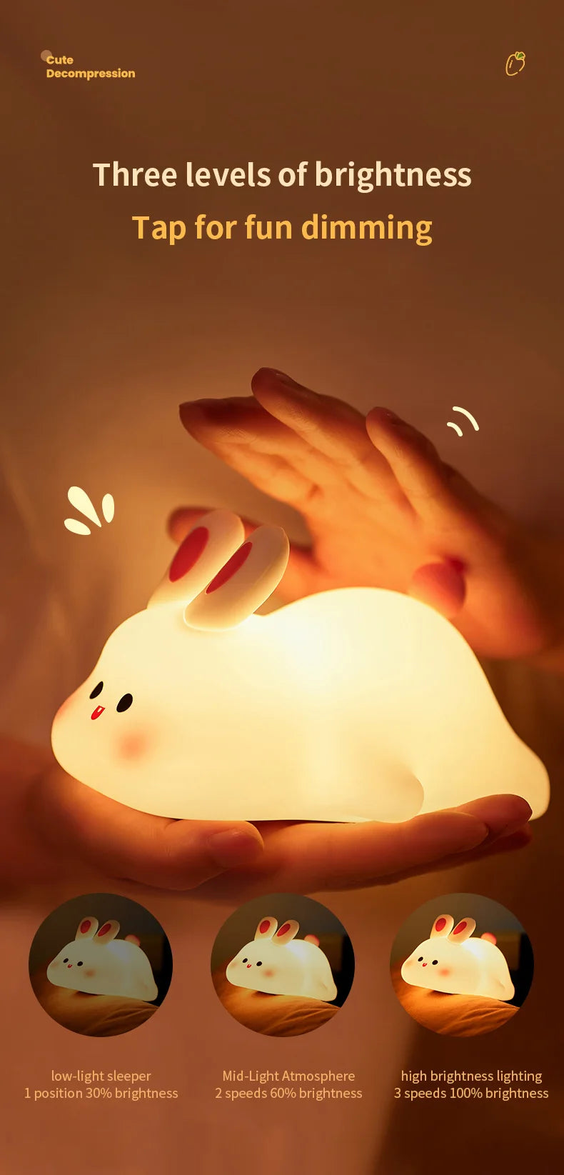 Cute Rabbit-Shaped Silicone Night Light – USB Rechargeable LED Lamp