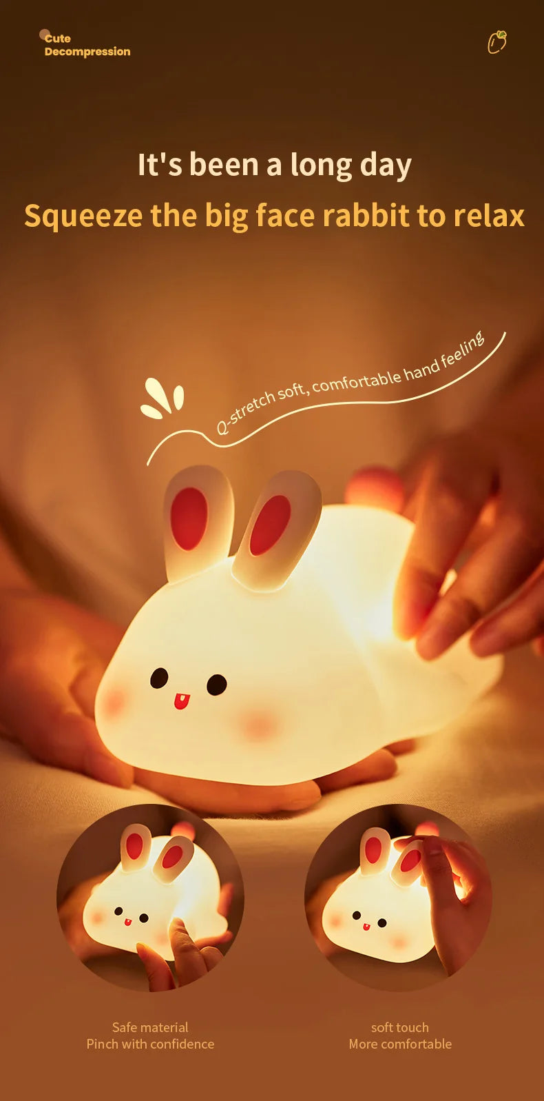 Cute Rabbit-Shaped Silicone Night Light – USB Rechargeable LED Lamp