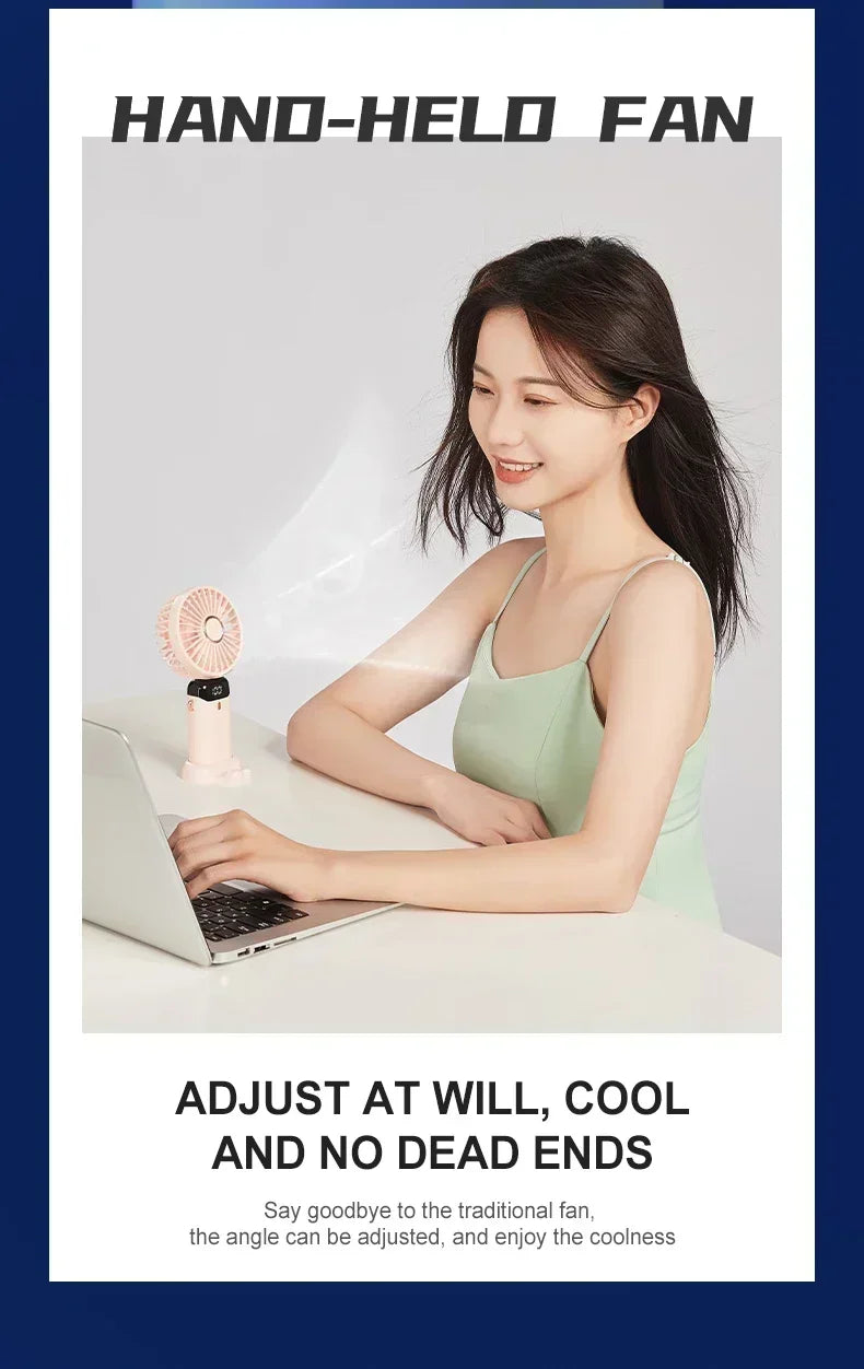 1800mAh Handheld Mini Fan Foldable Portable Neck Hanging Fans 5 Speed USB Rechargeable Fan with Phone Stand and Display Screen