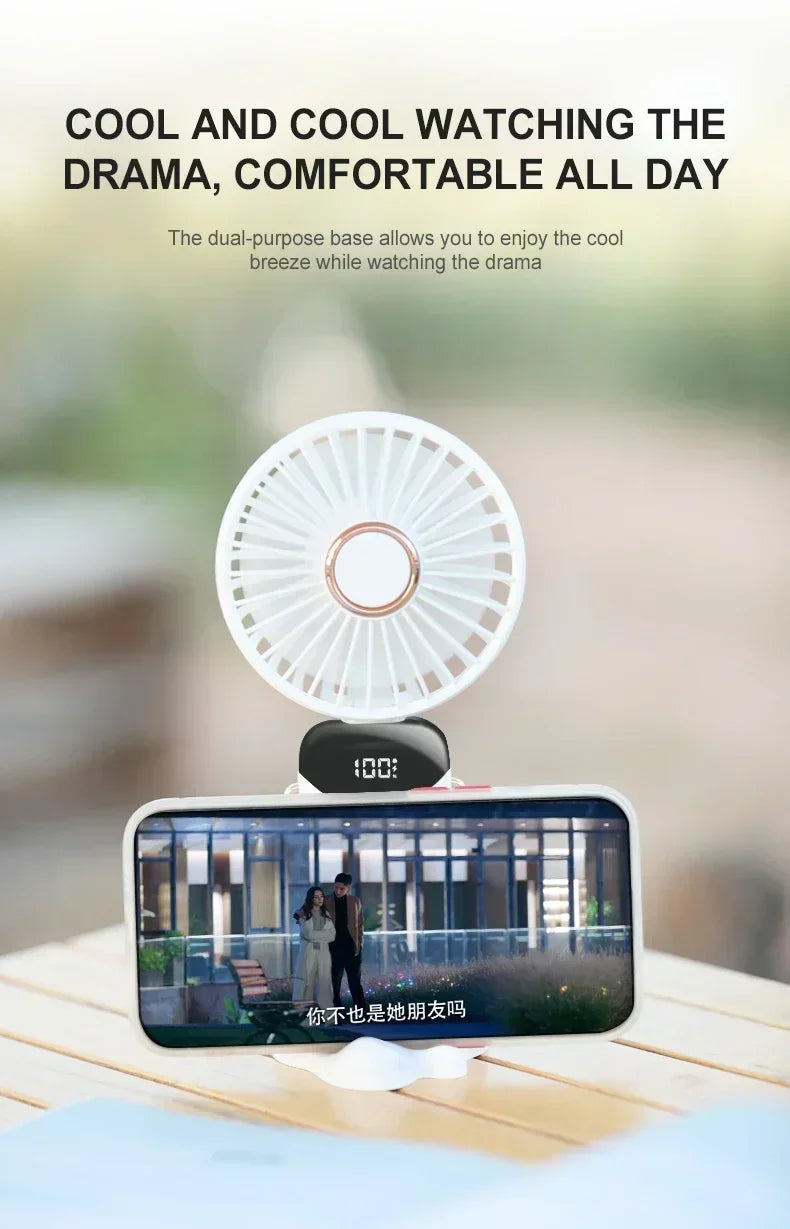 1800mAh Handheld Mini Fan Foldable Portable Neck Hanging Fans 5 Speed USB Rechargeable Fan with Phone Stand and Display Screen