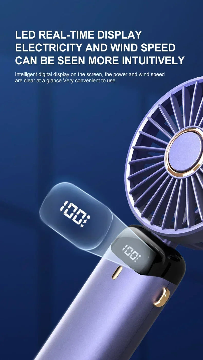1800mAh Handheld Mini Fan Foldable Portable Neck Hanging Fans 5 Speed USB Rechargeable Fan with Phone Stand and Display Screen