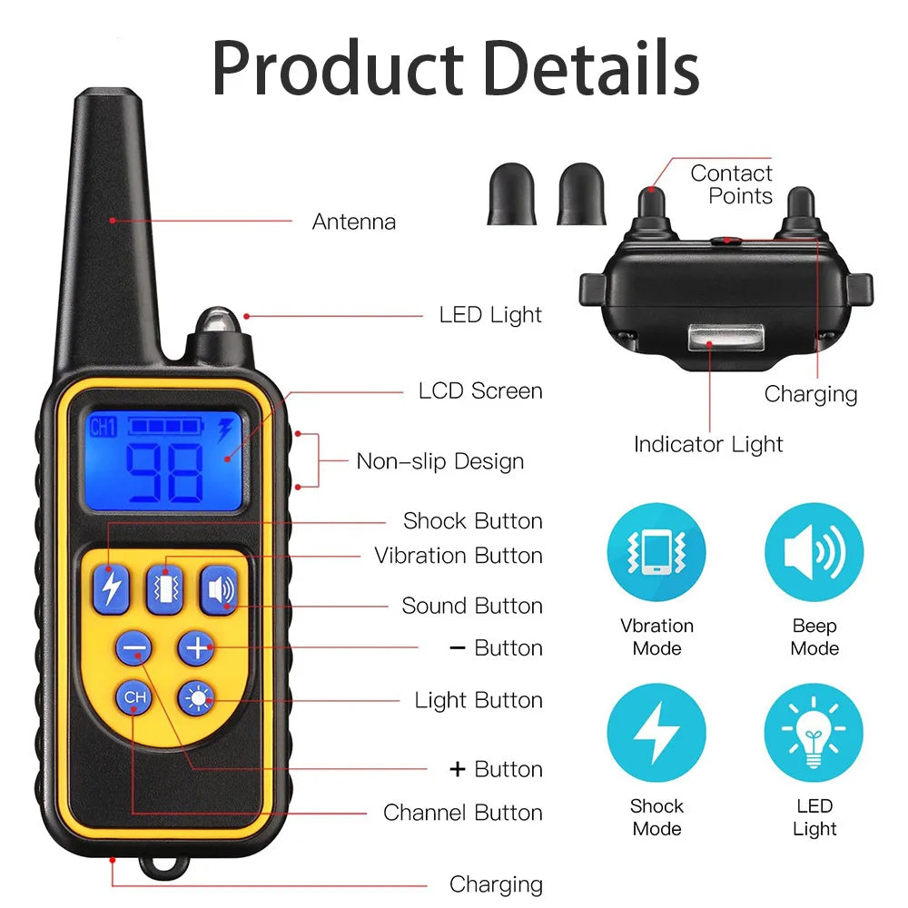 Rechargeable Waterproof Dog Training Collar with Remote – Shock, Vibration & Sound – For Small, Medium & Large Dogs (Up to 800m Range)