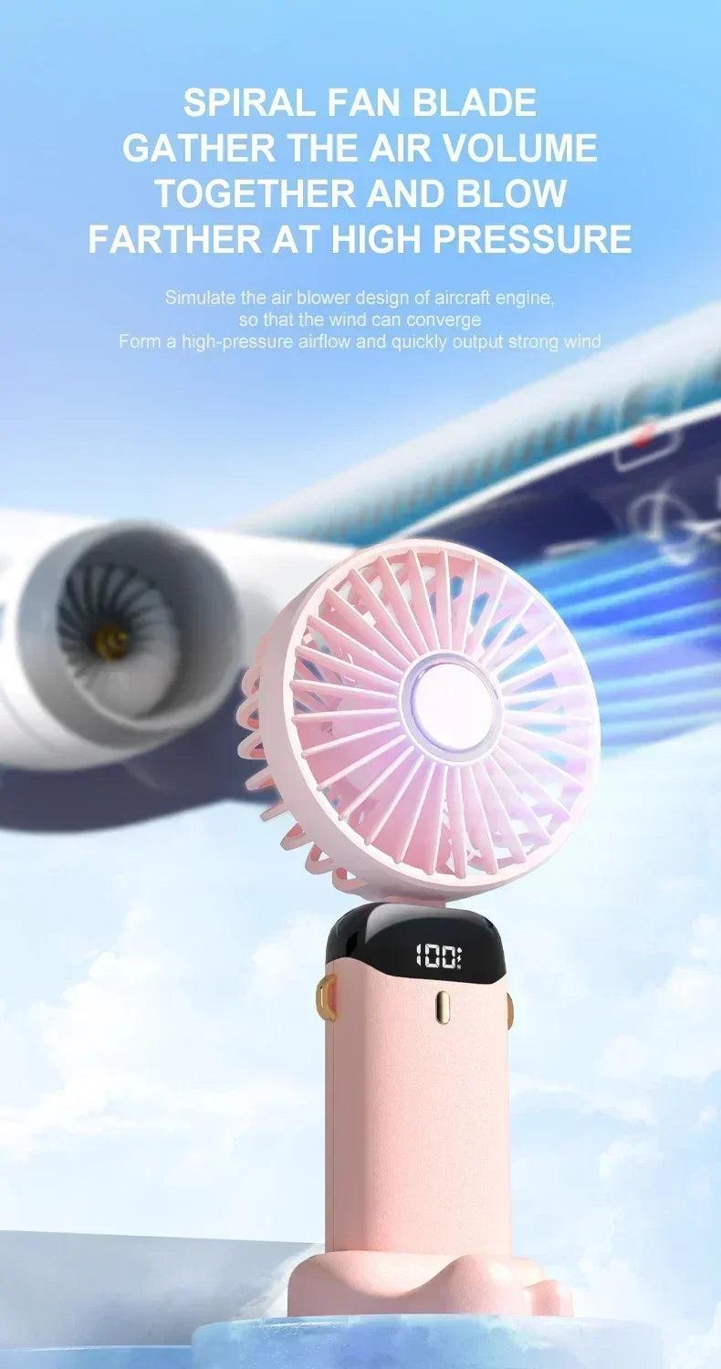 1800mAh Handheld Mini Fan Foldable Portable Neck Hanging Fans 5 Speed USB Rechargeable Fan with Phone Stand and Display Screen