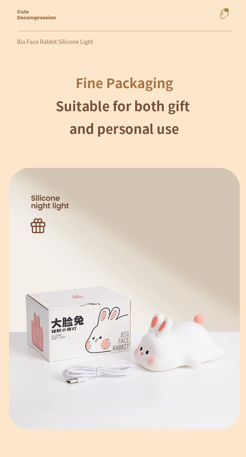 Cute Rabbit-Shaped Silicone Night Light – USB Rechargeable LED Lamp