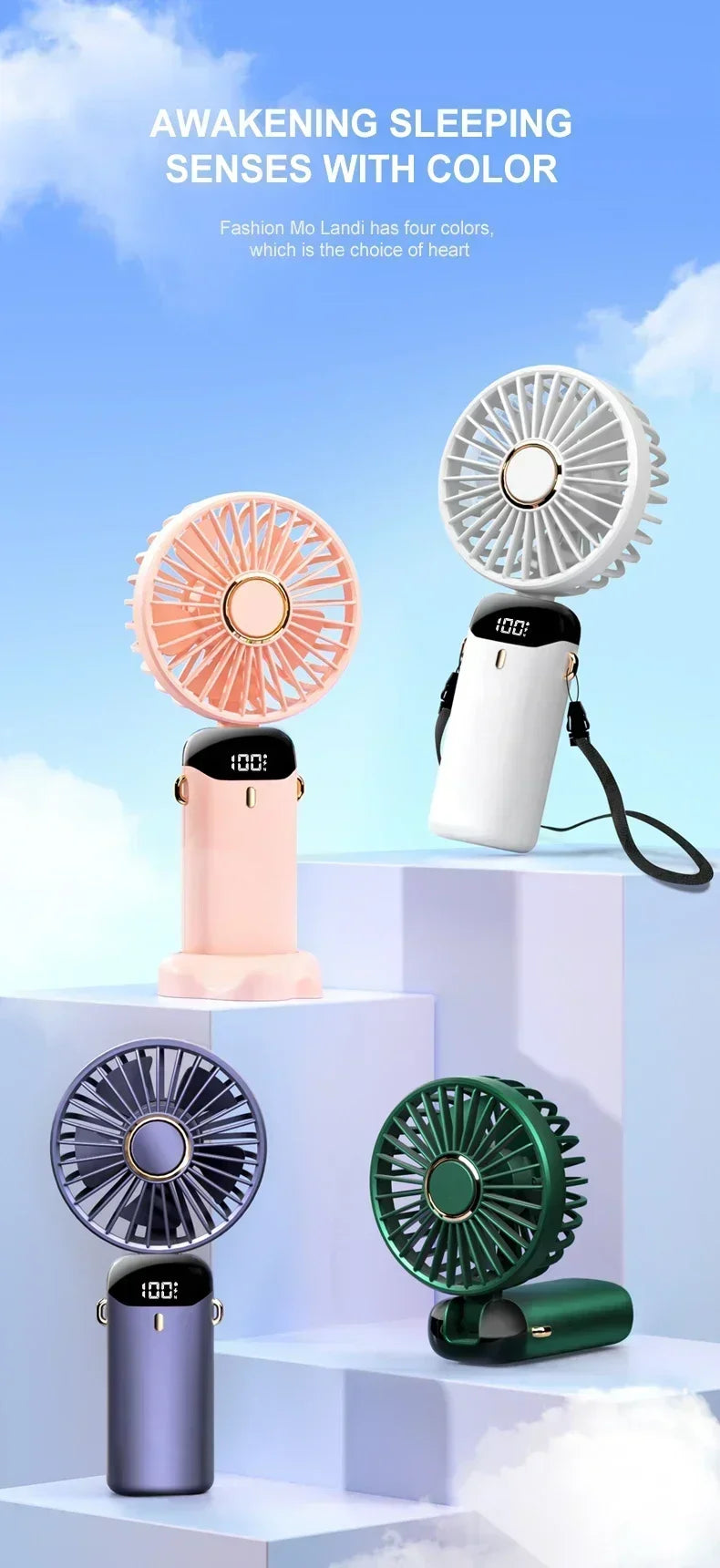 1800mAh Handheld Mini Fan Foldable Portable Neck Hanging Fans 5 Speed USB Rechargeable Fan with Phone Stand and Display Screen