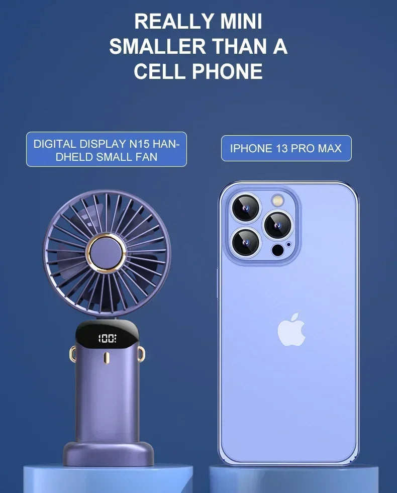 1800mAh Handheld Mini Fan Foldable Portable Neck Hanging Fans 5 Speed USB Rechargeable Fan with Phone Stand and Display Screen