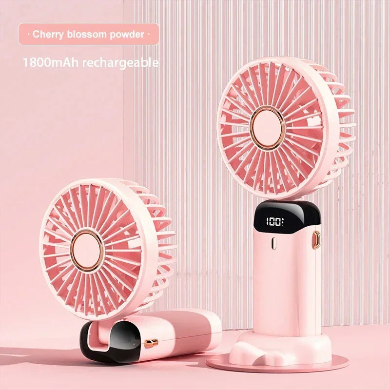 1800mAh Handheld Mini Fan Foldable Portable Neck Hanging Fans 5 Speed USB Rechargeable Fan with Phone Stand and Display Screen