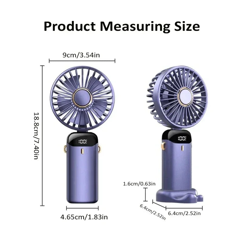 1800mAh Handheld Mini Fan Foldable Portable Neck Hanging Fans 5 Speed USB Rechargeable Fan with Phone Stand and Display Screen