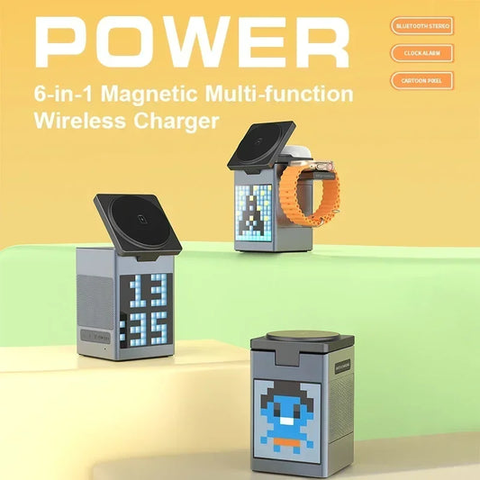 6-in-1 Magnetic Wireless Charger Stand with Bluetooth Speaker & Alarm Clock