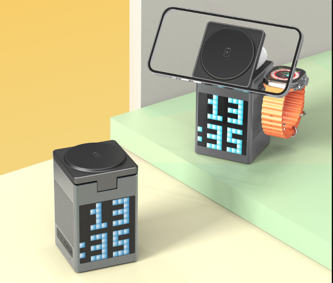 6-in-1 Magnetic Wireless Charger Stand with Bluetooth Speaker & Alarm Clock